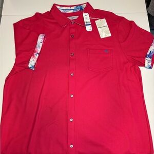 Tommy Bahama Red-ish Pink Casual Button Down Shirt With Floral Trim NWT
